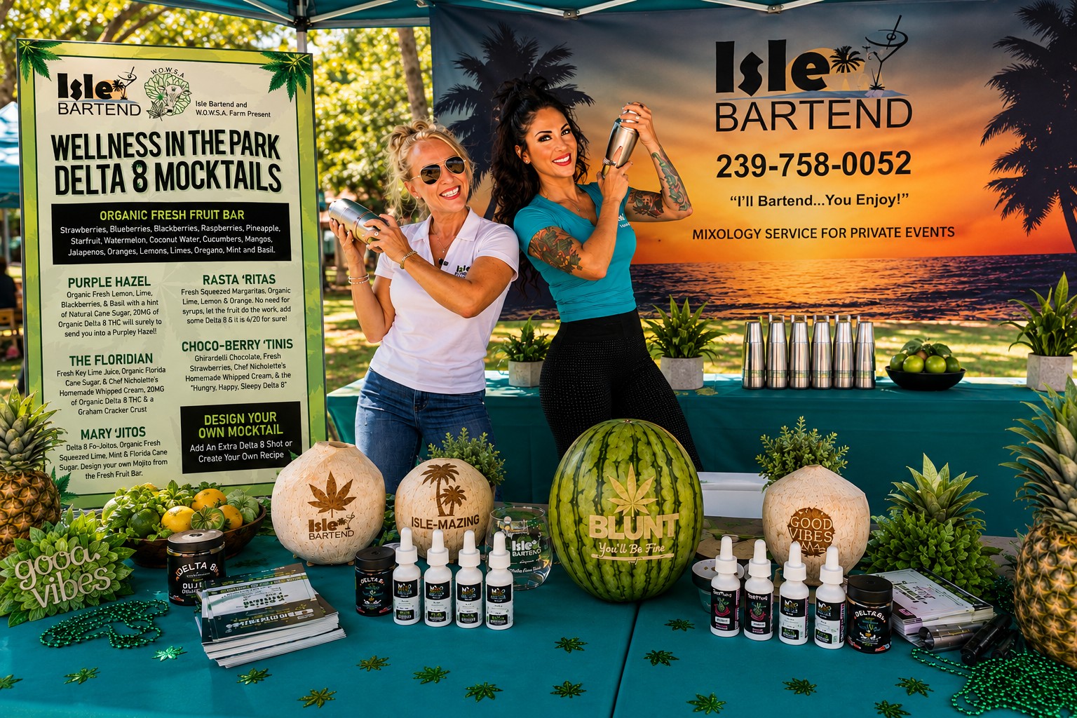 ISLE Bartend Wellness in the Park Delta 8 mocktail bar setup with fresh fruit and branded coconuts