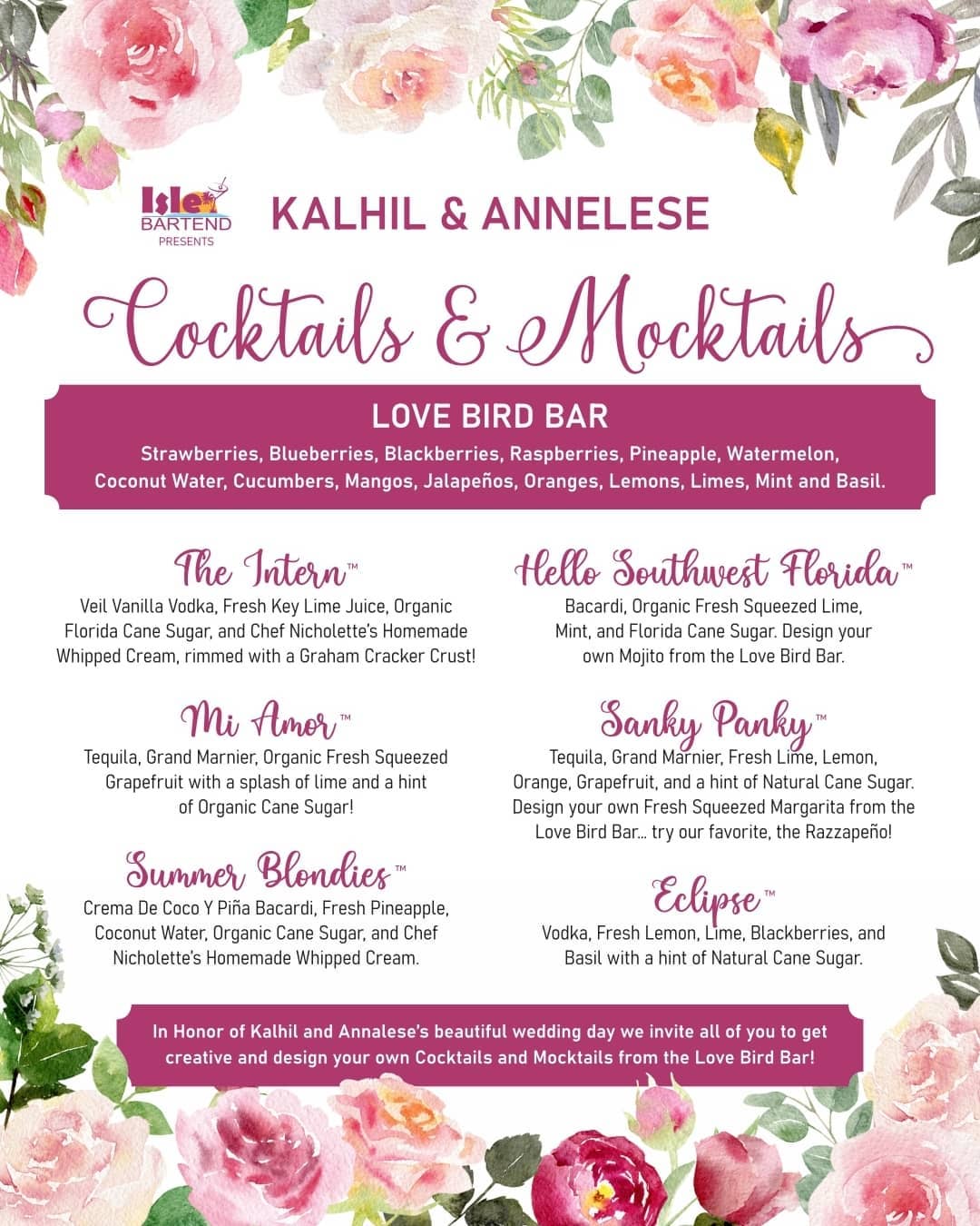 Kalhil & Annelese custom Cocktails & Mocktails wedding menu with a floral border