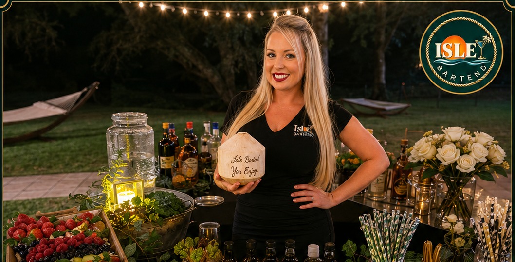 Mariel Goodrich, founder and owner of ISLE Bartend, behind a candlelit fresh-fruit bar