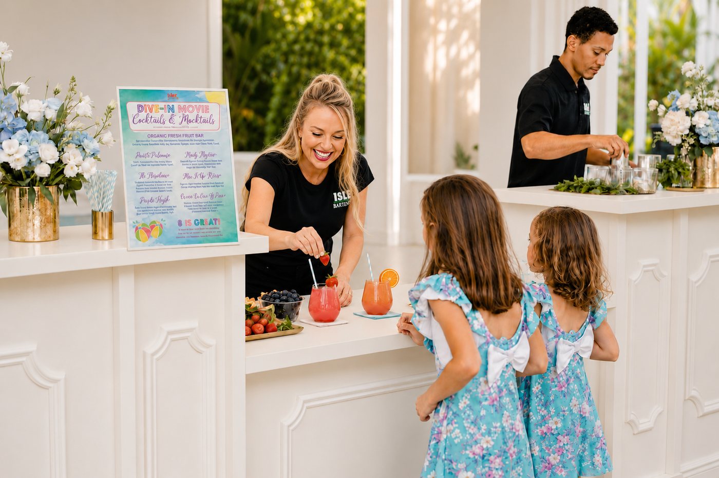 ISLE Bartend team member serving children at a fresh-fruit bar