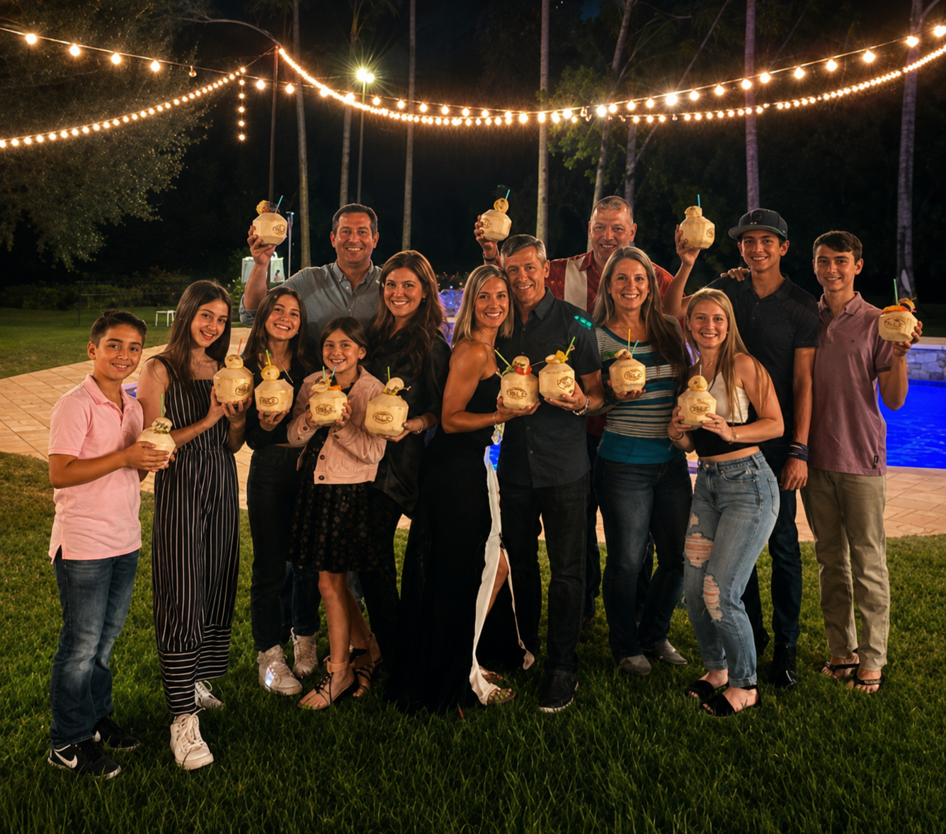 Large family group holding branded ISLE coconut drinks under string lights at a poolside luau