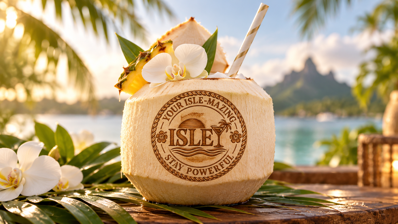 ISLE-branded carved coconut drink with pineapple, orchid, and striped straw on a tropical waterfront bar