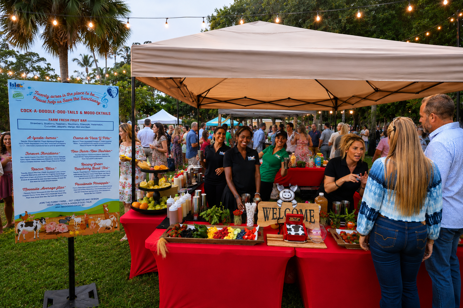 ISLE Bartend team at an outdoor community fundraiser with a fresh fruit bar and welcome guests