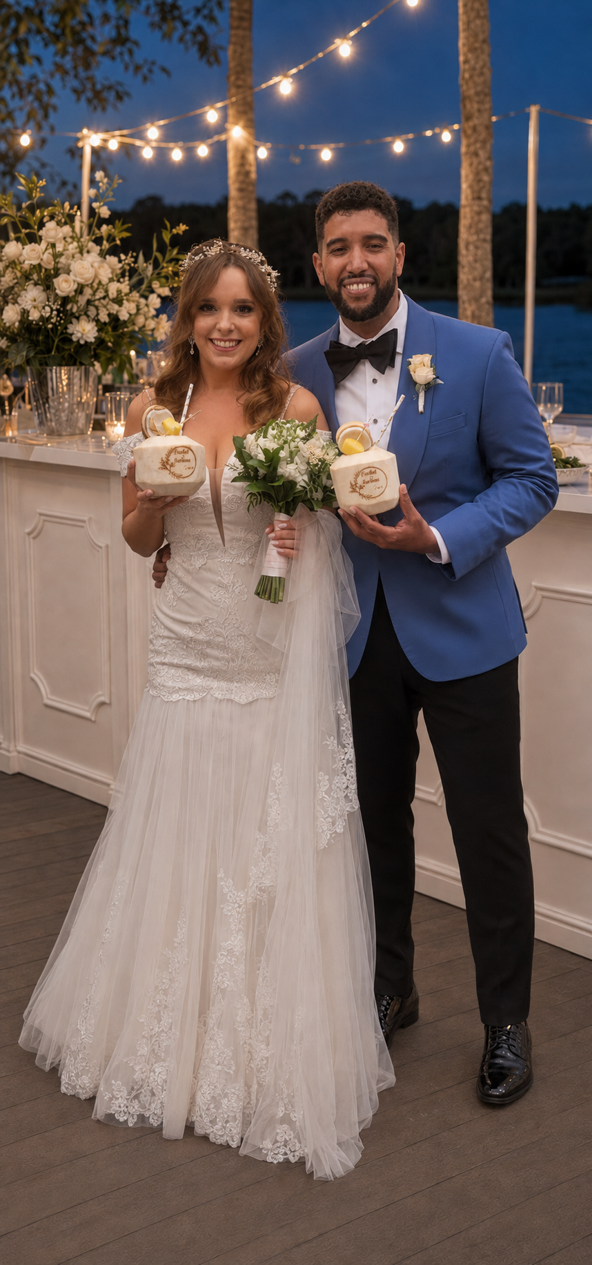 Bride and groom holding personalized coconuts at their ISLE Bartend wedding